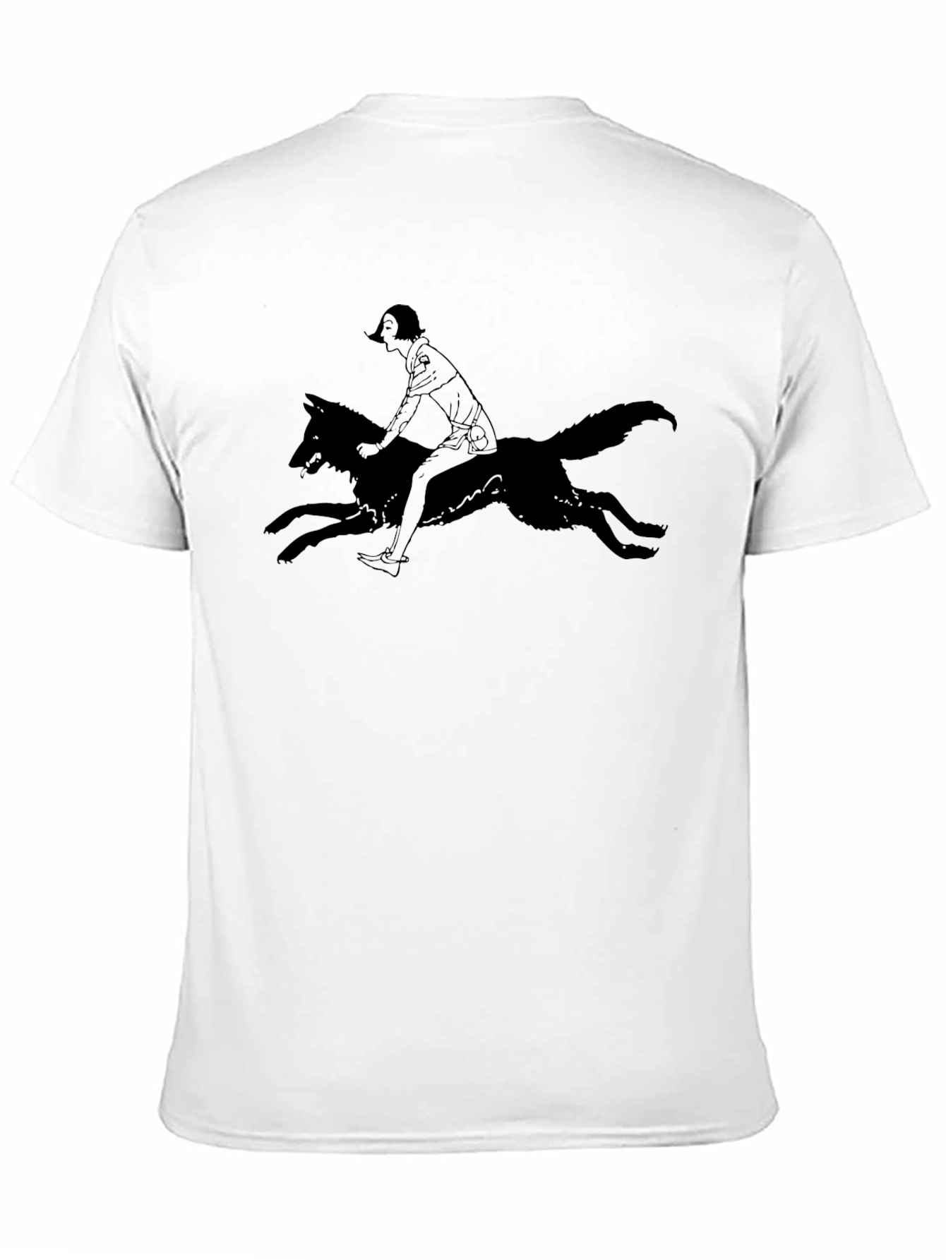 Black T-Shirt with Woman Riding Wolf Graphic Tee