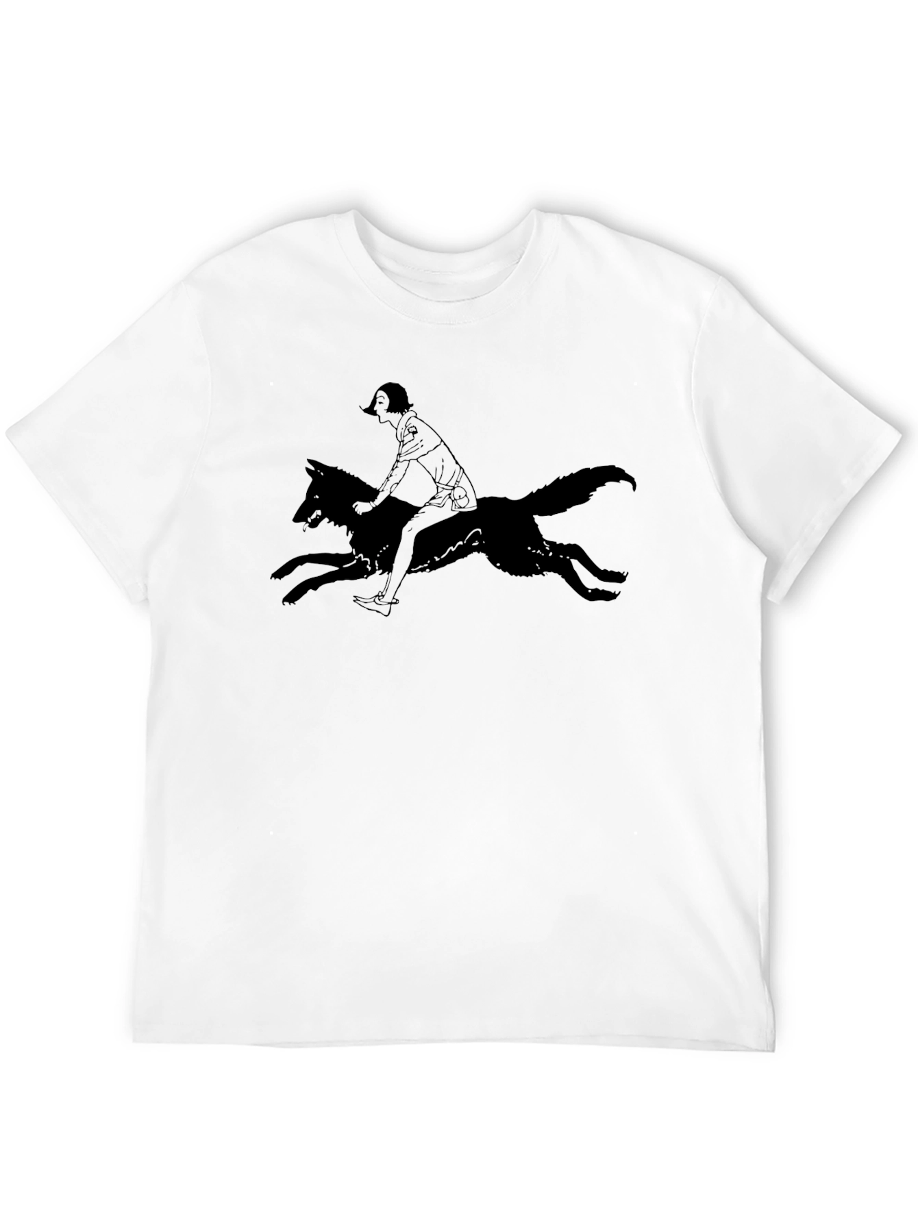 Black T-Shirt with Woman Riding Wolf Graphic Tee