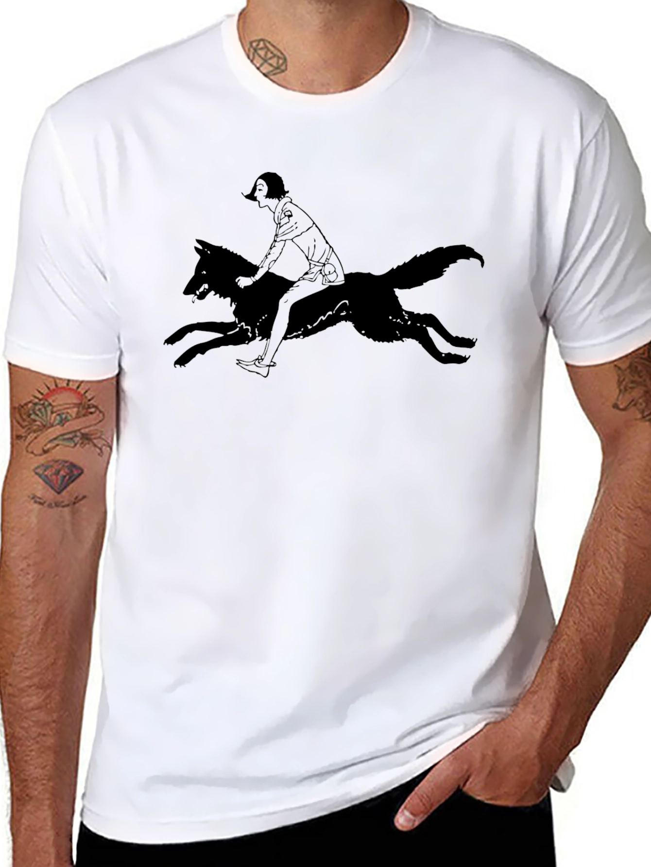 Black T-Shirt with Woman Riding Wolf Graphic Tee
