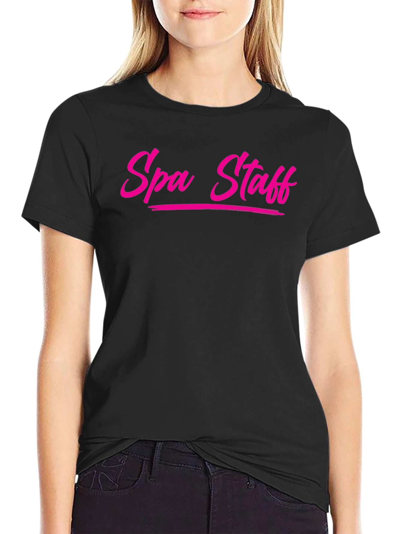 Spa Staff T-Shirt - Bold Pink Text on Black