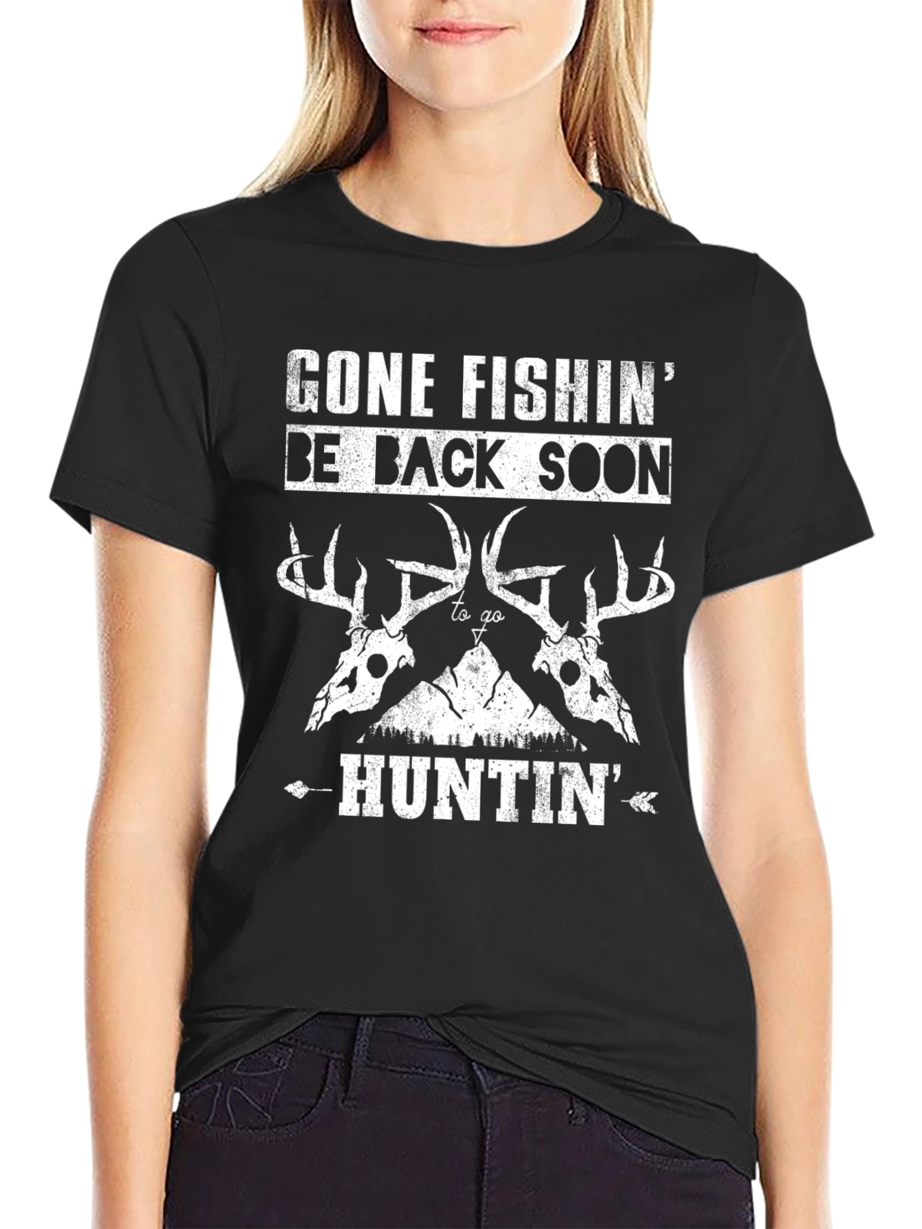 Gone Fishin Huntin Black T-Shirt