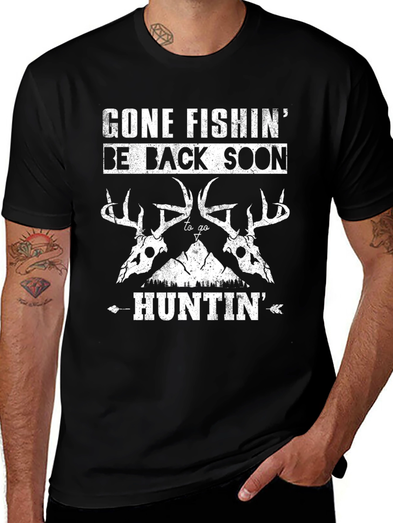 Gone Fishin Huntin Black T-Shirt