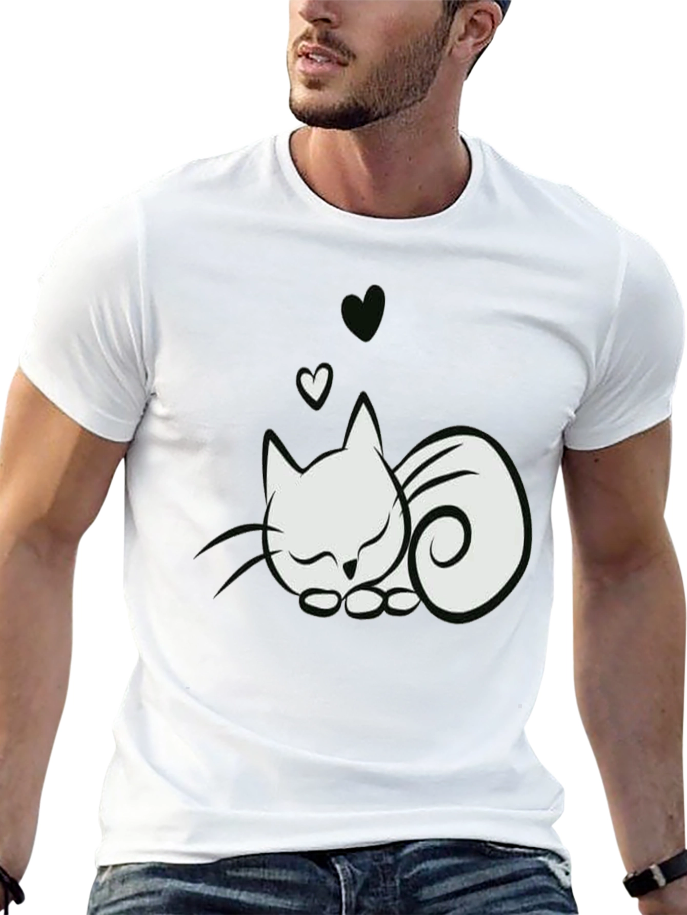 Cute Cat & Hearts Graphic Tee - Black T-Shirt