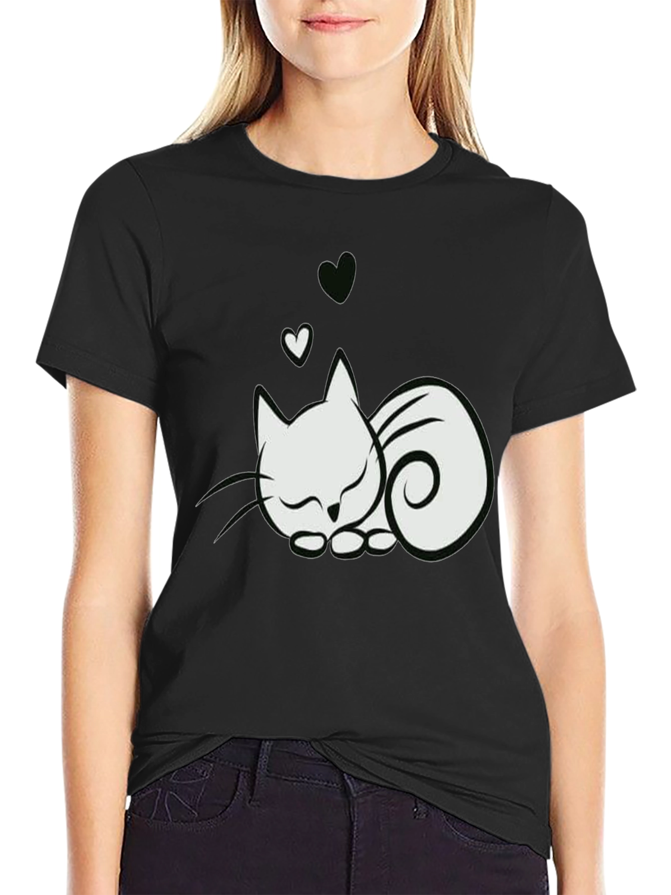 Cute Cat & Hearts Graphic Tee - Black T-Shirt