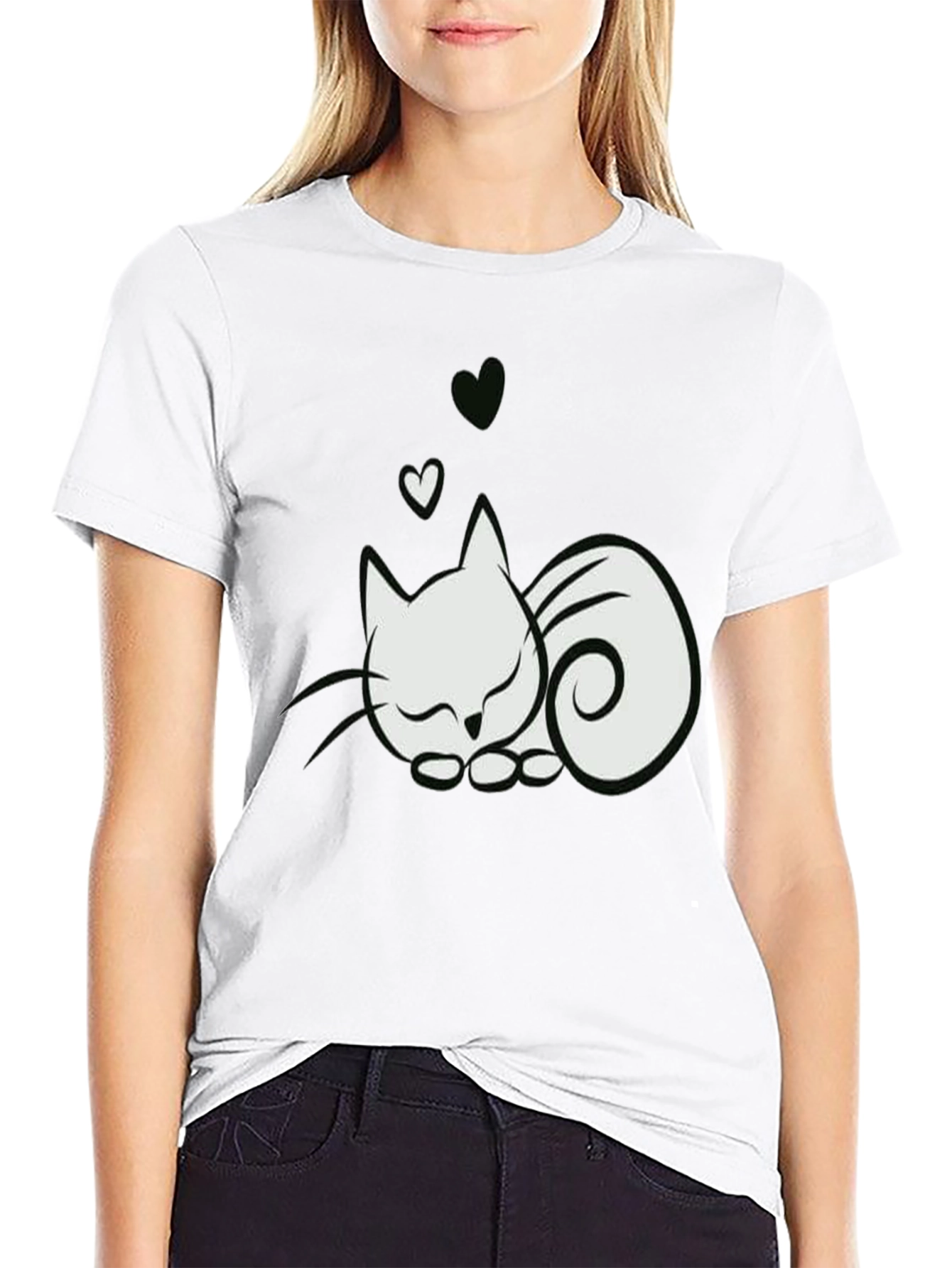 Cute Cat & Hearts Graphic Tee - Black T-Shirt