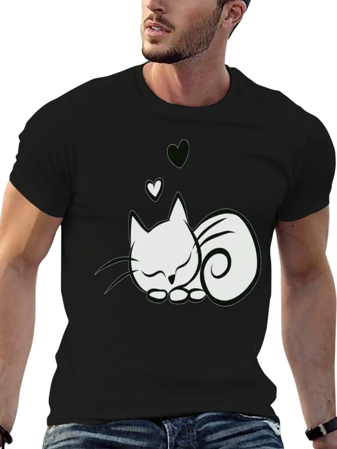Cute Cat & Hearts Graphic Tee - Black T-Shirt