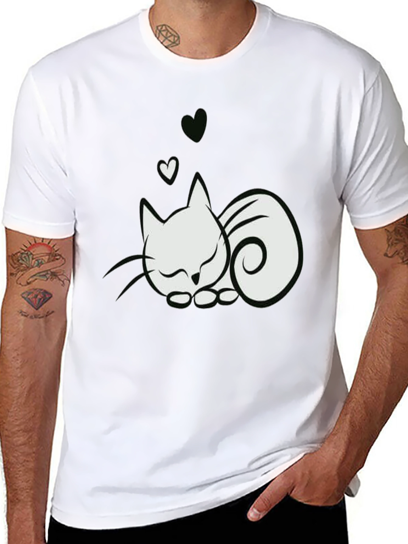 Cute Cat & Hearts Graphic Tee - Black T-Shirt