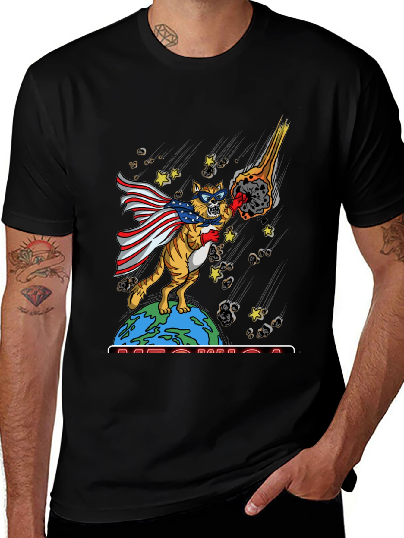 Patriotic Superhero Cat Graphic T-Shirt