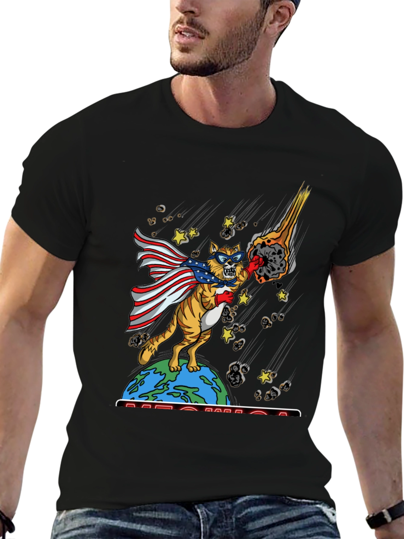 Patriotic Superhero Cat Graphic T-Shirt