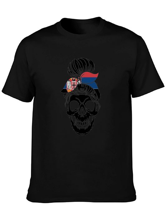 Skull Messy Bun Serbia Flag T-Shirt