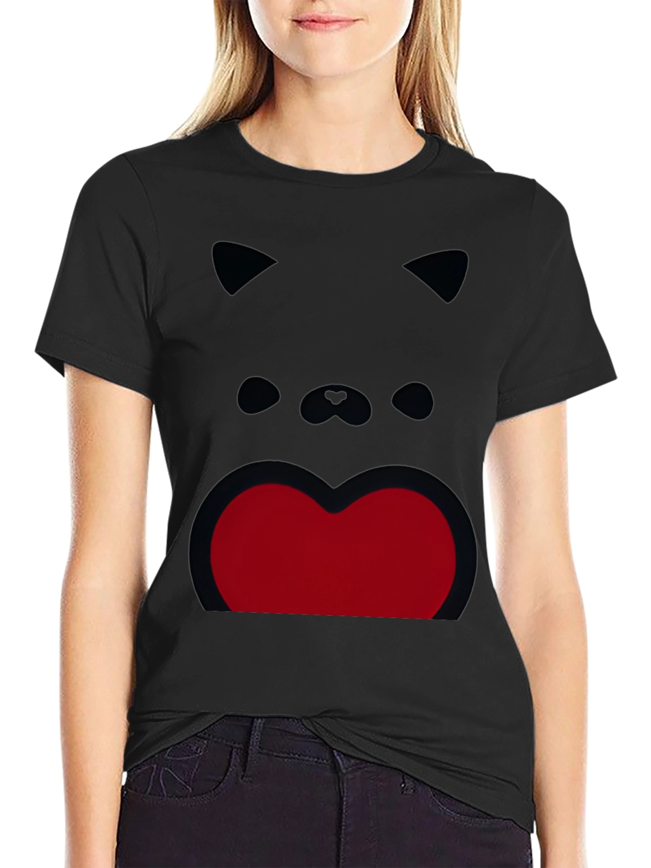 Funny Cat Face Graphic Print Black T-Shirt
