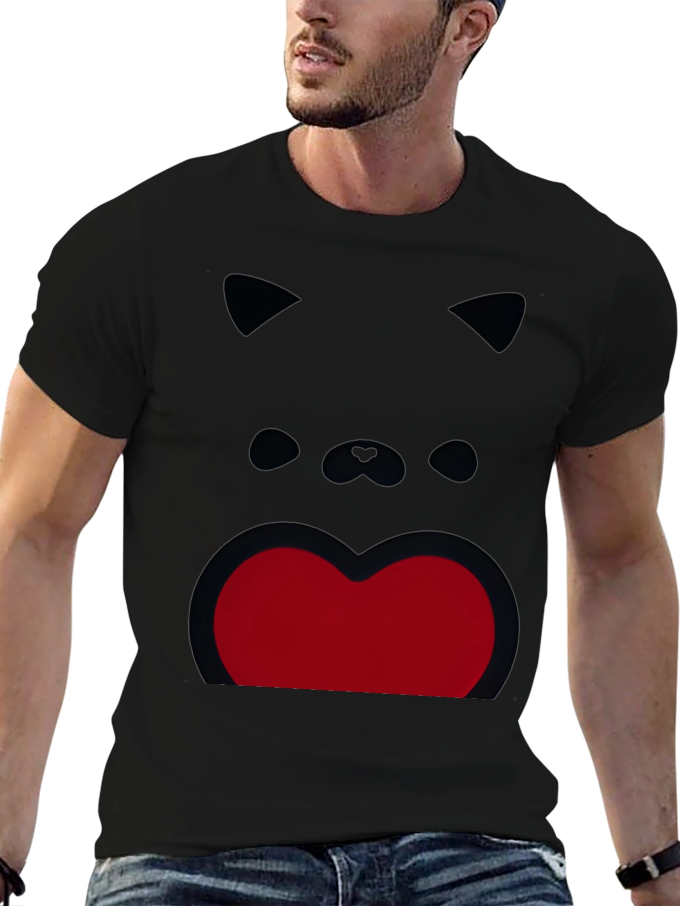 Funny Cat Face Graphic Print Black T-Shirt