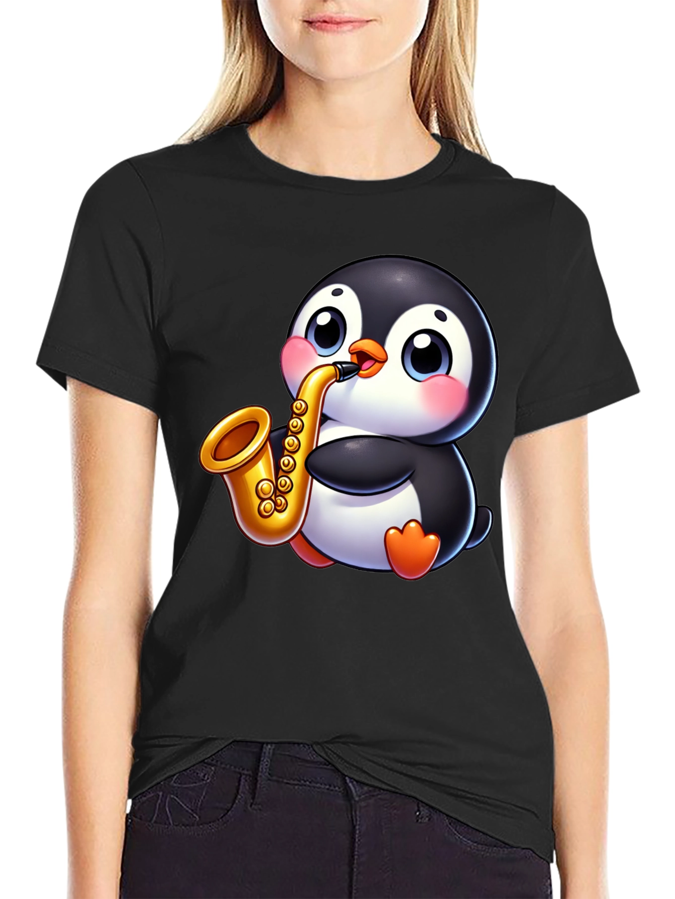 Penguin Saxophone Graphic Tee - Black Casual Style