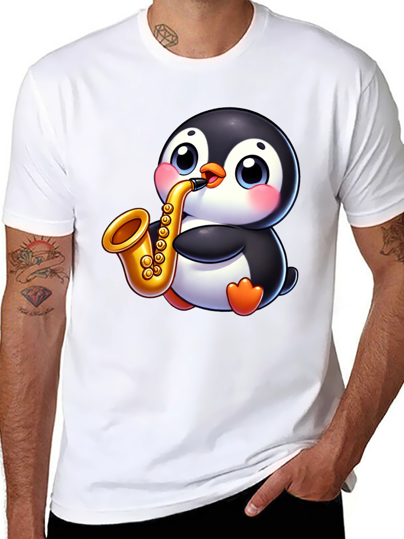 Penguin Saxophone Graphic Tee - Black Casual Style