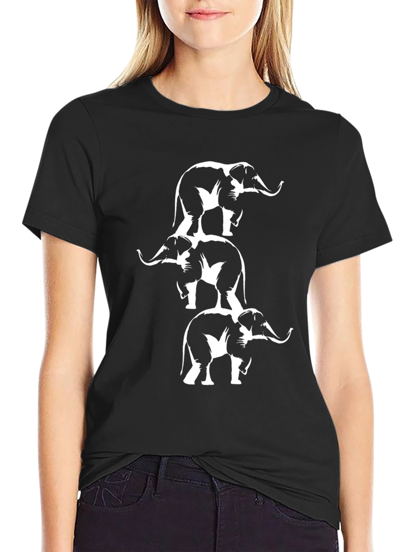 Stacked Elephant Graphic Tee - Black Cotton T-Shirt