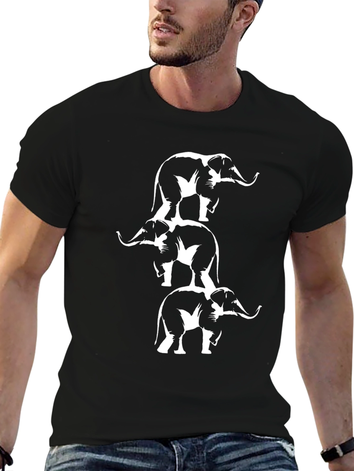 Stacked Elephant Graphic Tee - Black Cotton T-Shirt