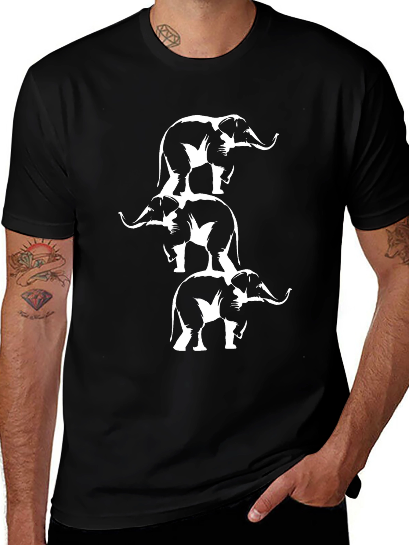 Stacked Elephant Graphic Tee - Black Cotton T-Shirt