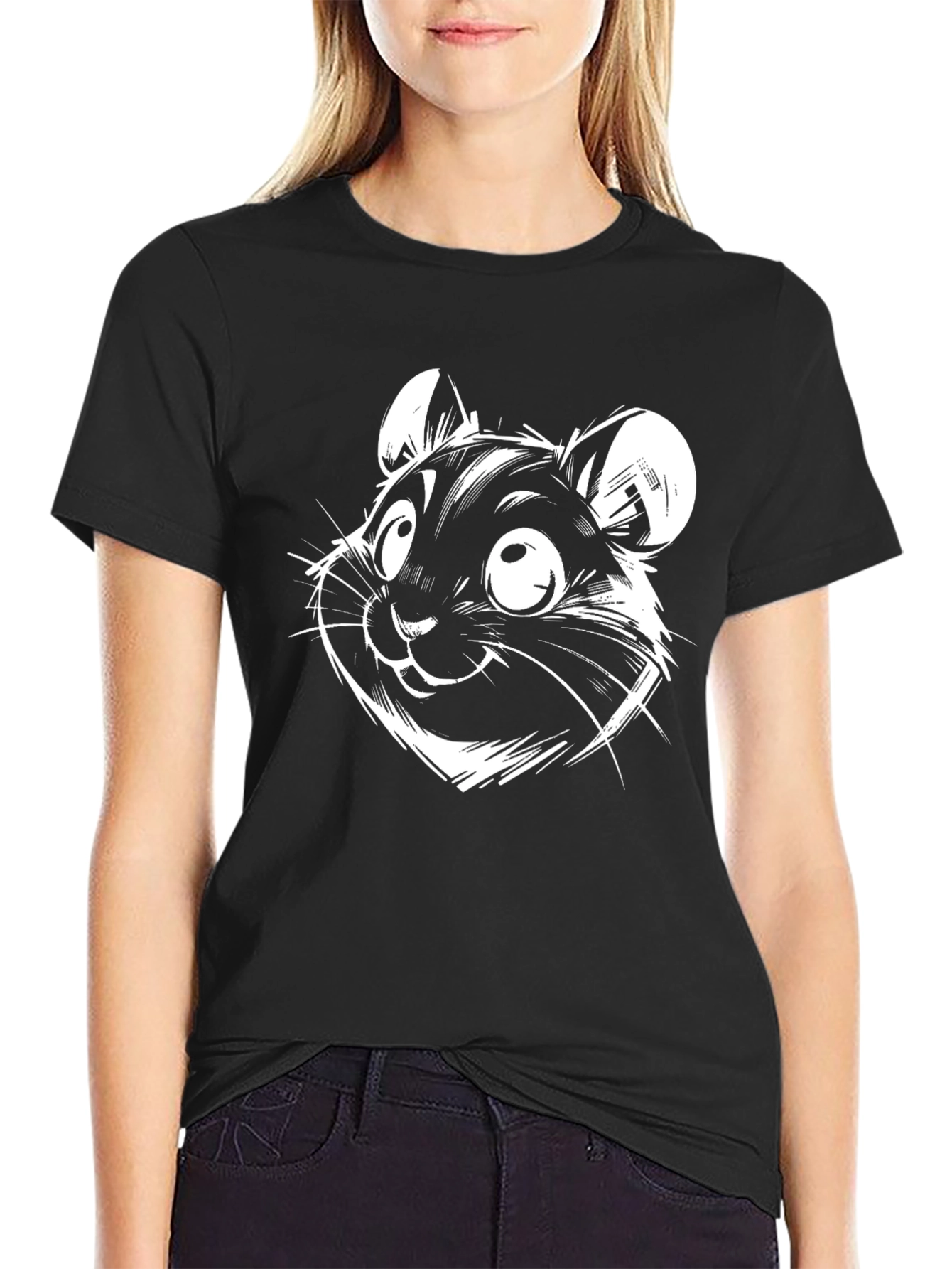 Cartoon Hamster Graphic Tee - Black Cotton