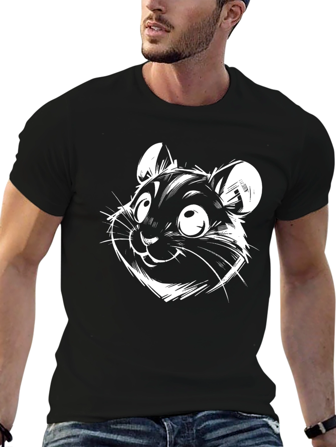 Cartoon Hamster Graphic Tee - Black Cotton