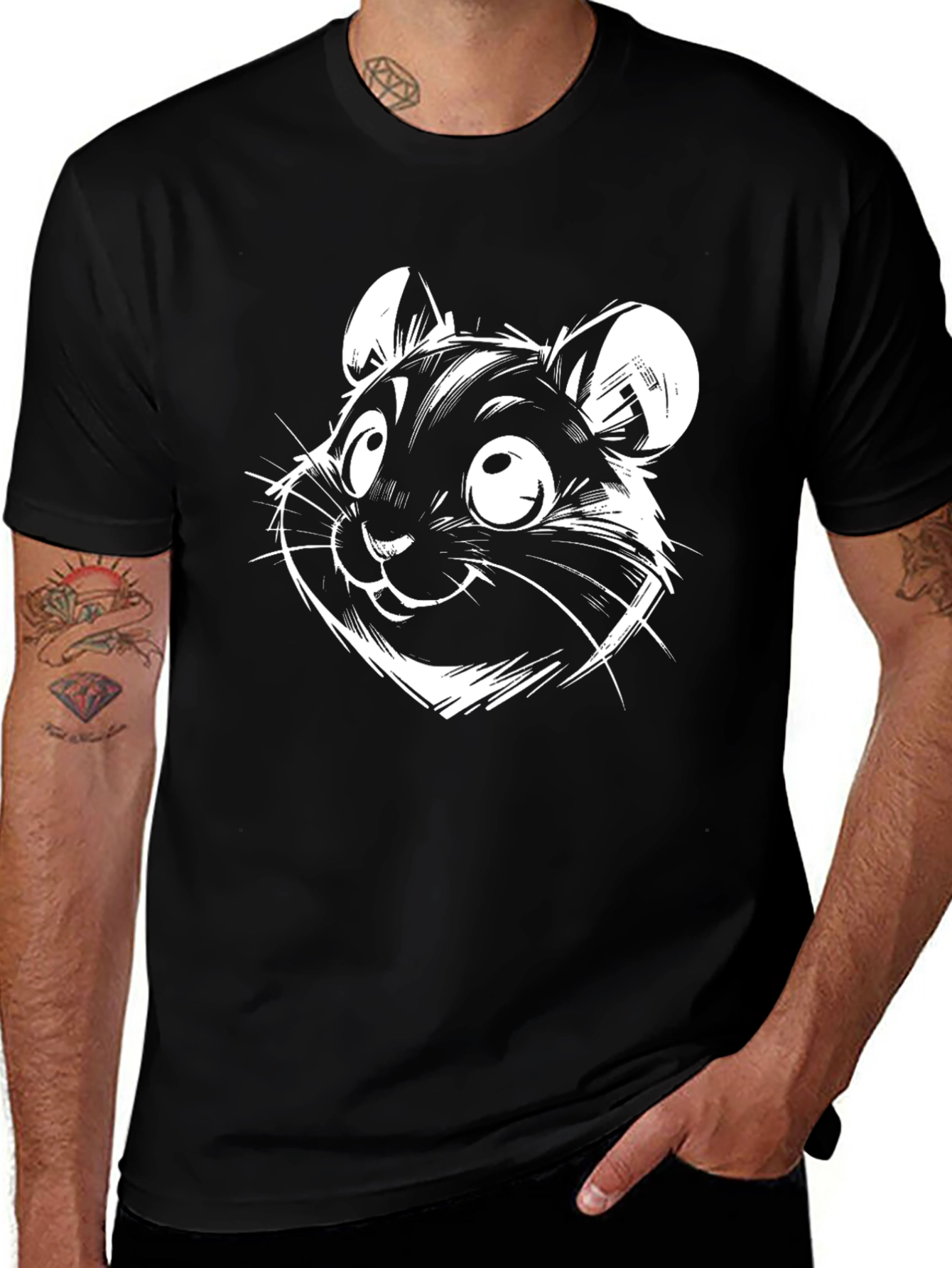 Cartoon Hamster Graphic Tee - Black Cotton
