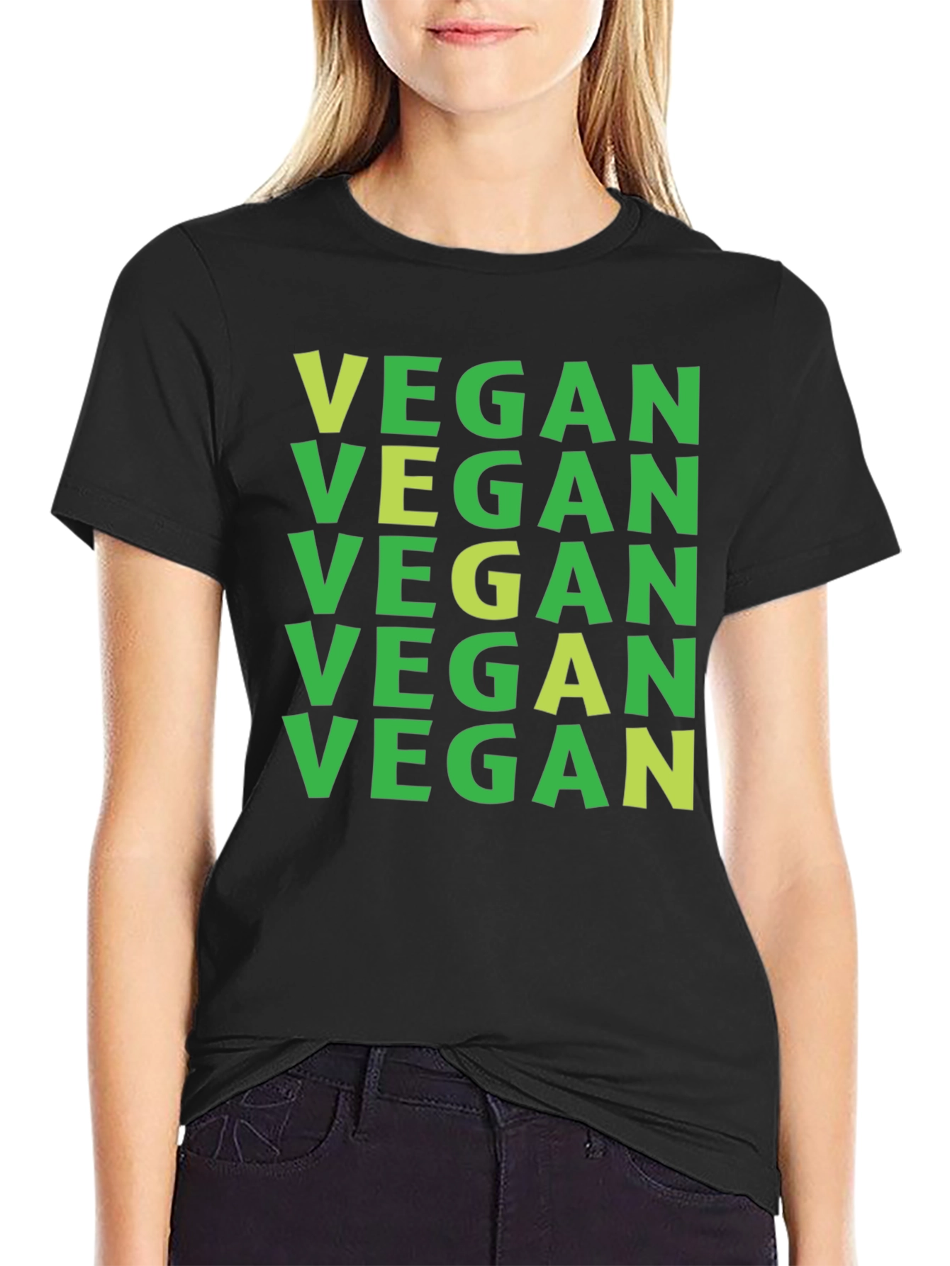 Vegan T-Shirt: Green on Black Repeat Print