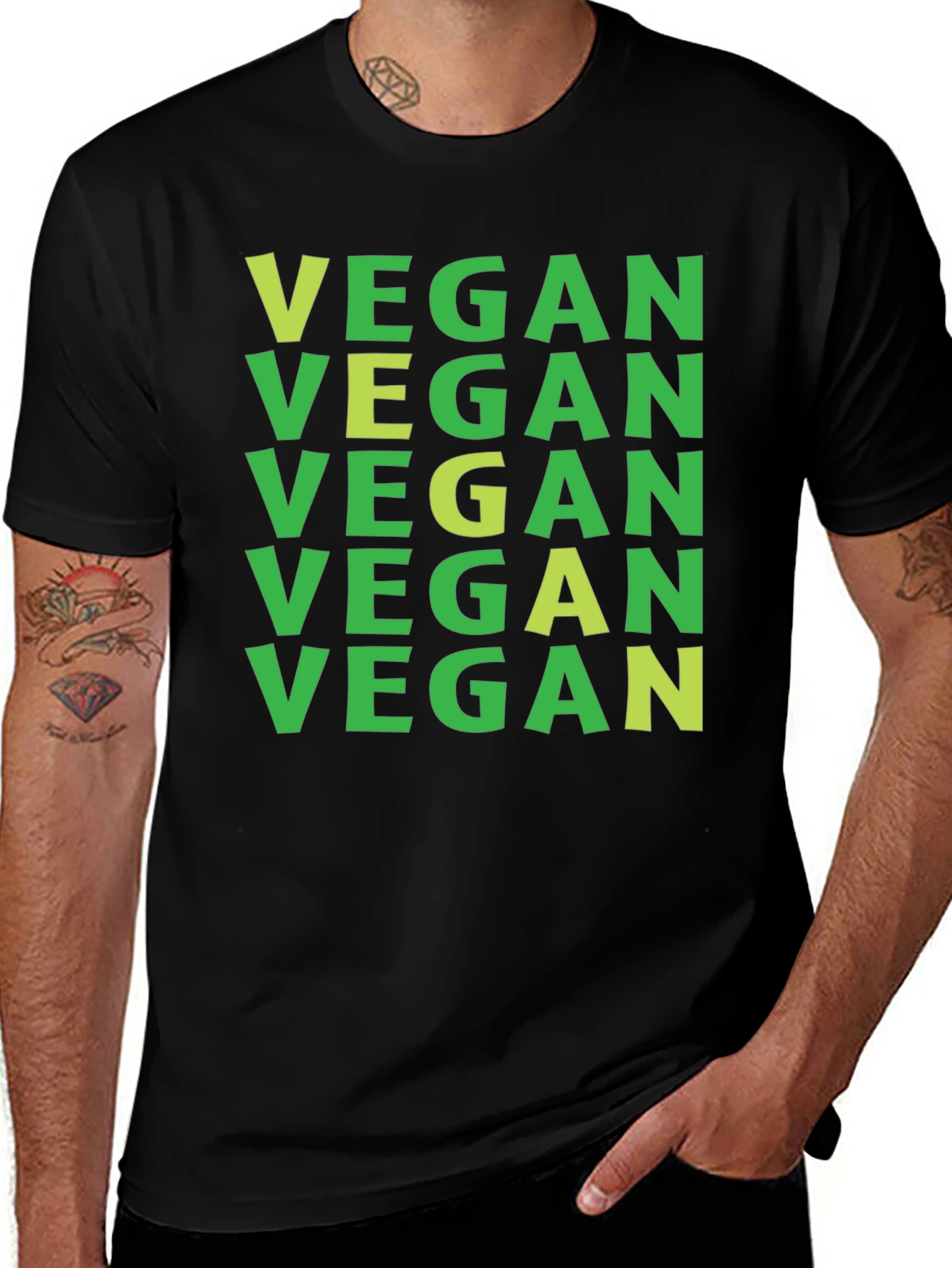 Vegan T-Shirt: Green on Black Repeat Print