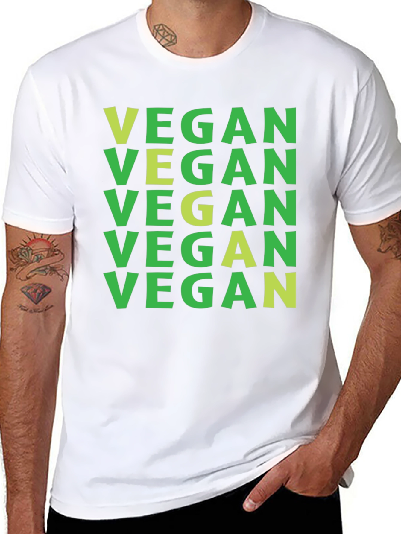 Vegan T-Shirt: Green on Black Repeat Print