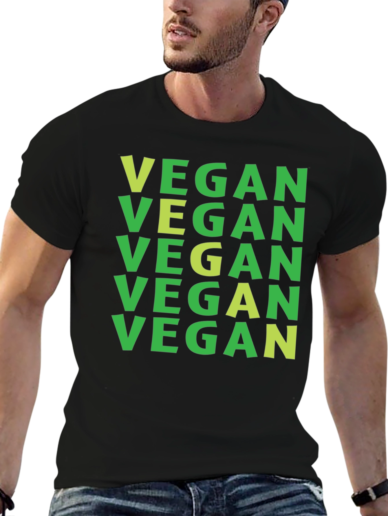 Vegan T-Shirt: Green on Black Repeat Print