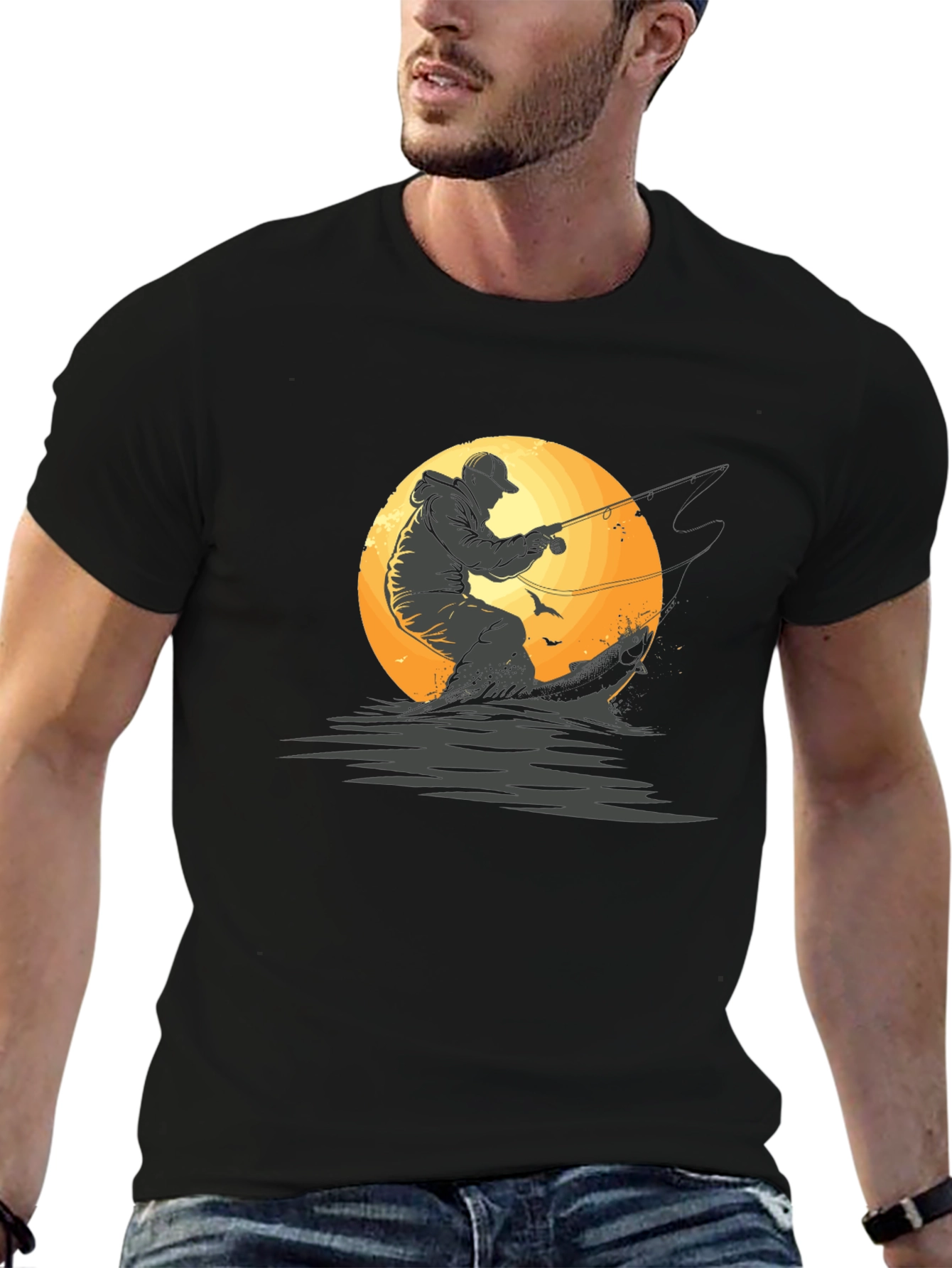 Fisherman Graphic Tee - Black Cotton T-Shirt