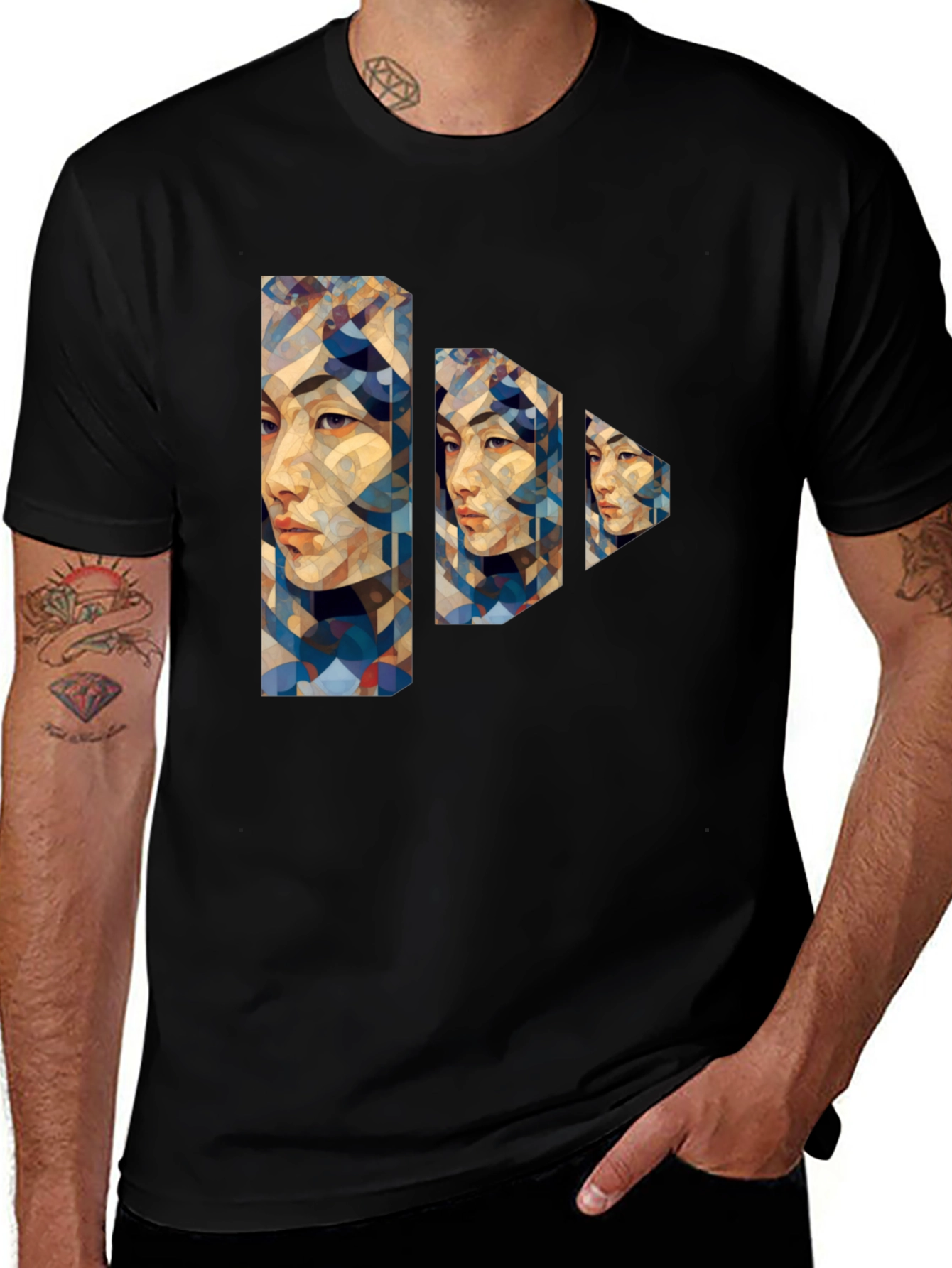 Abstract Geometric Portrait Black T-Shirt