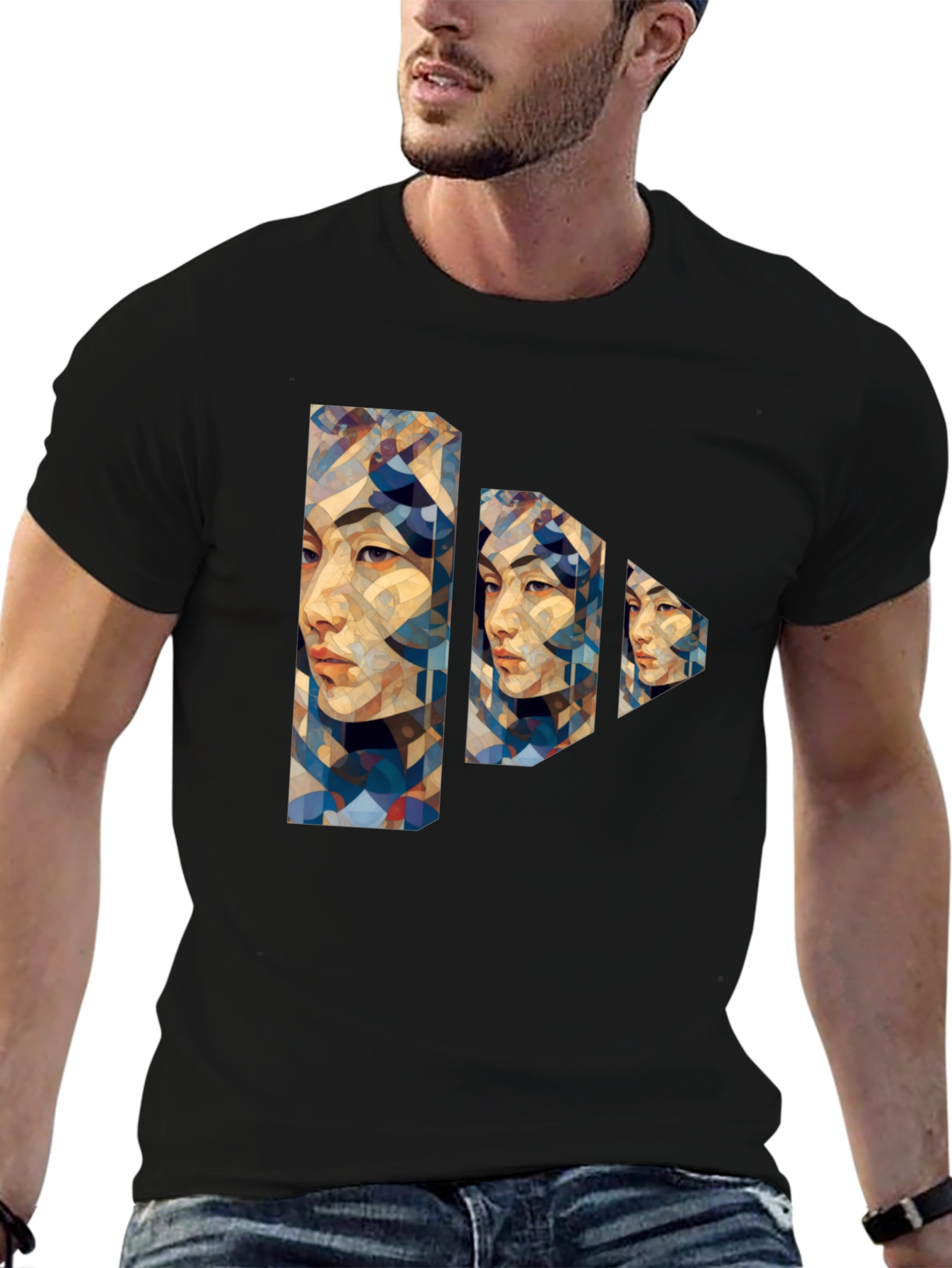 Abstract Geometric Portrait Black T-Shirt