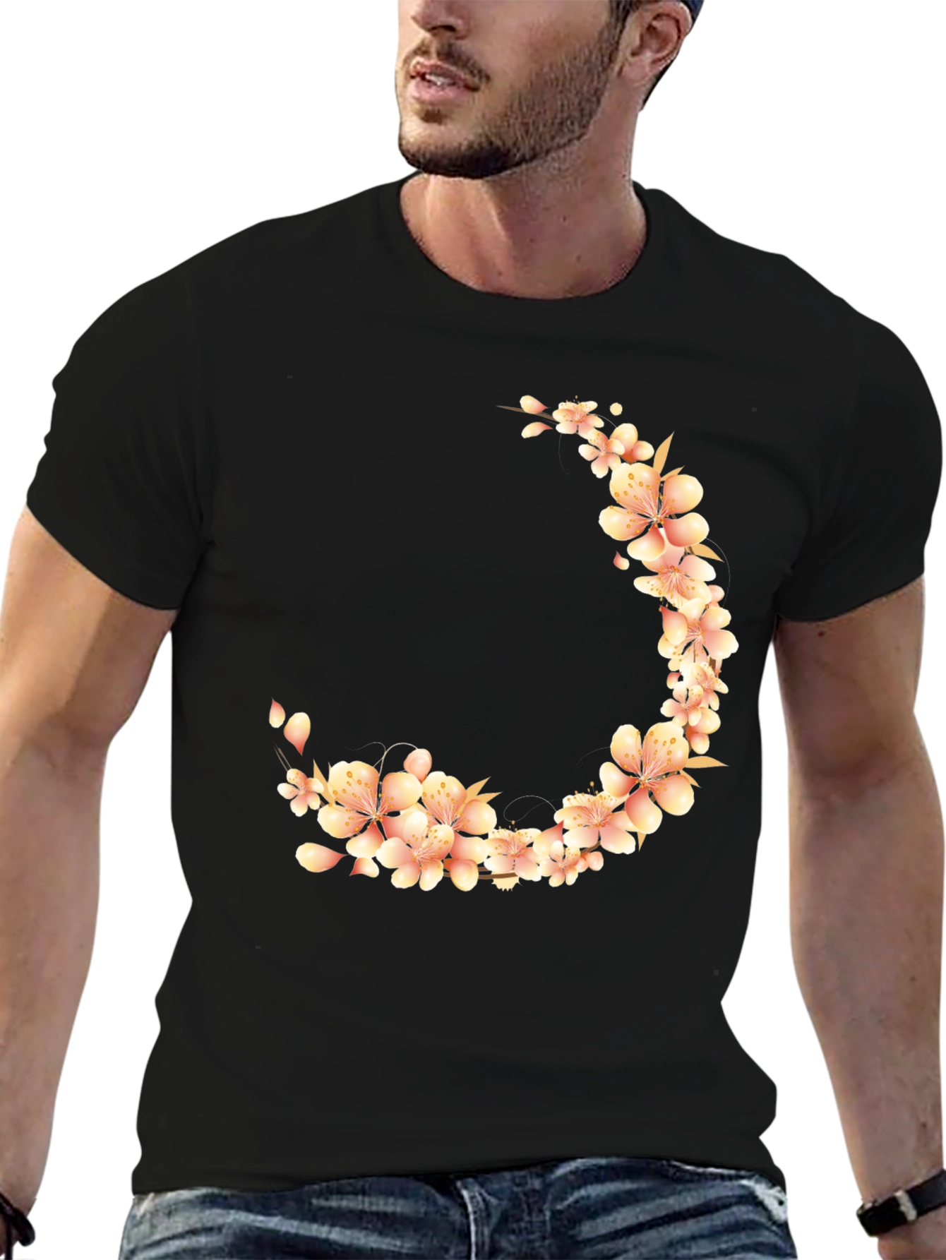 Floral Crescent Black T-Shirt