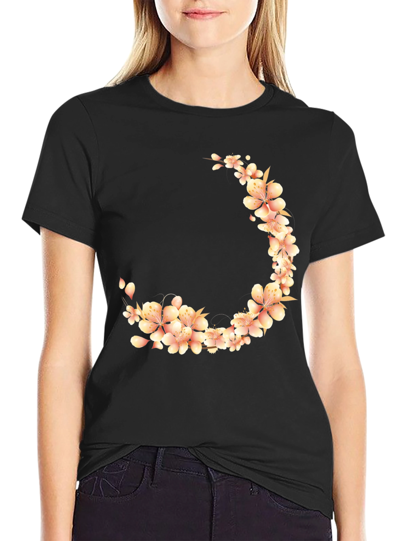 Floral Crescent Black T-Shirt
