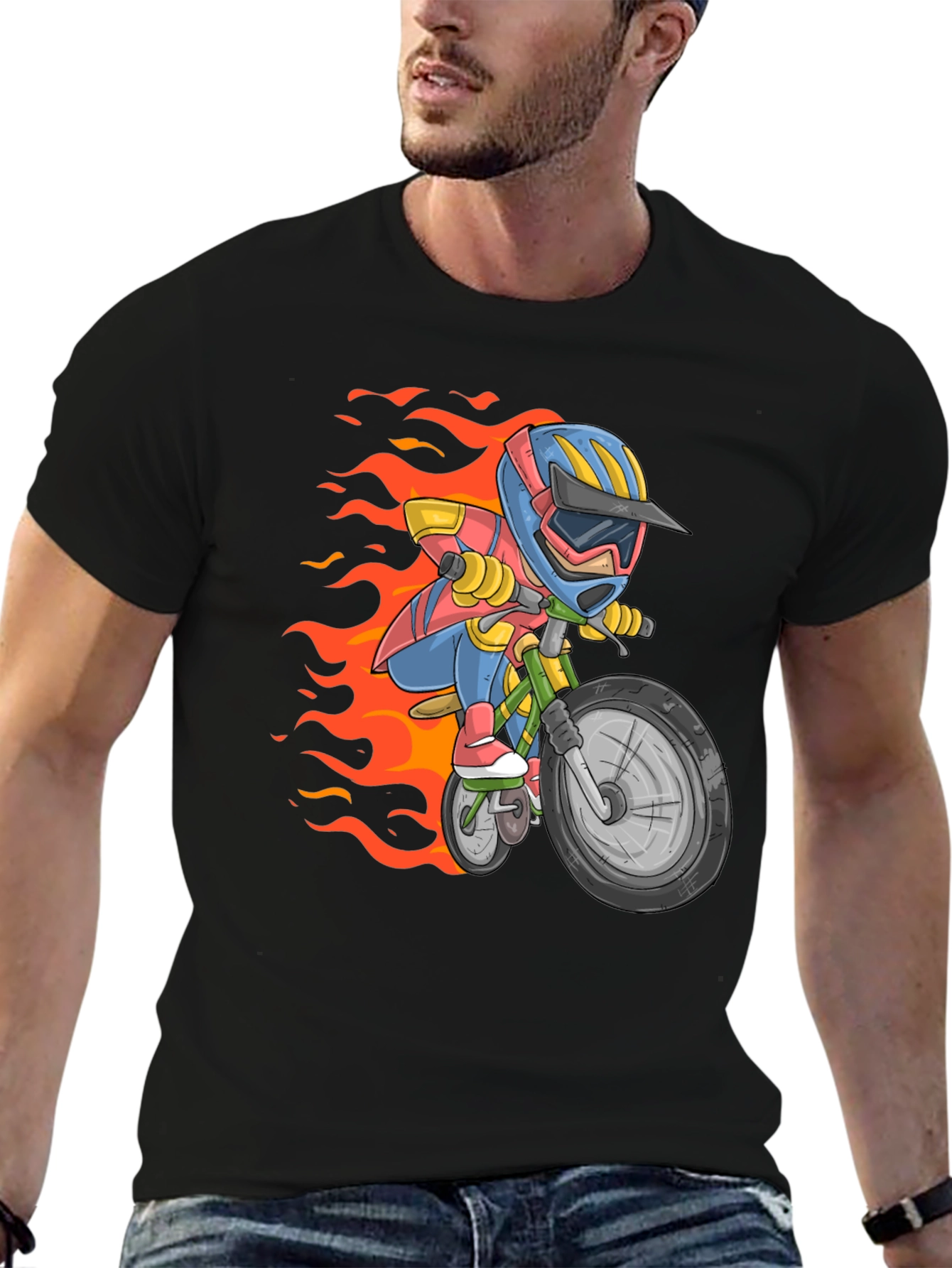 Cartoon Biker Graphic Tee - Black Cotton Casual T-Shirt