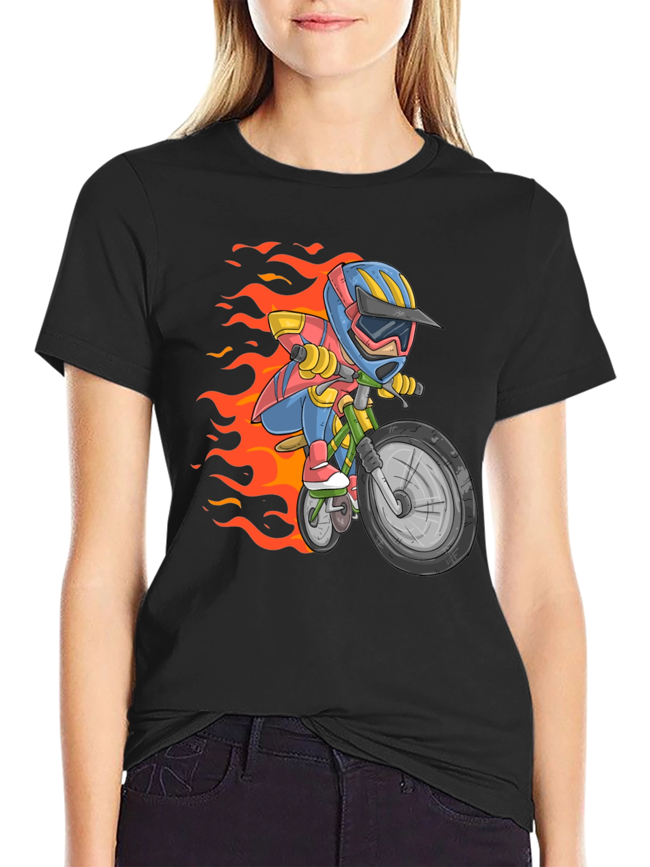 Cartoon Biker Graphic Tee - Black Cotton Casual T-Shirt