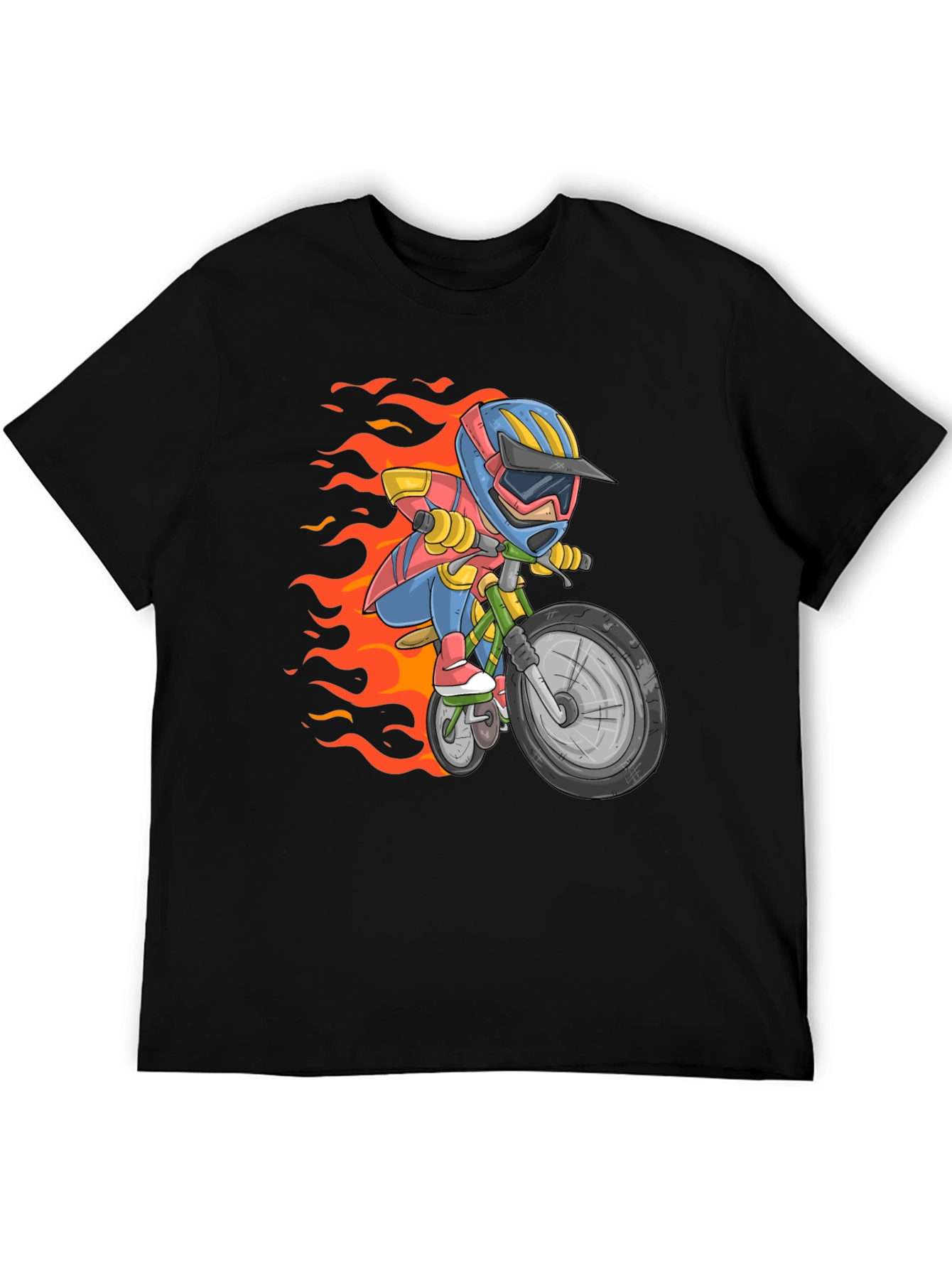 Cartoon Biker Graphic Tee - Black Cotton Casual T-Shirt