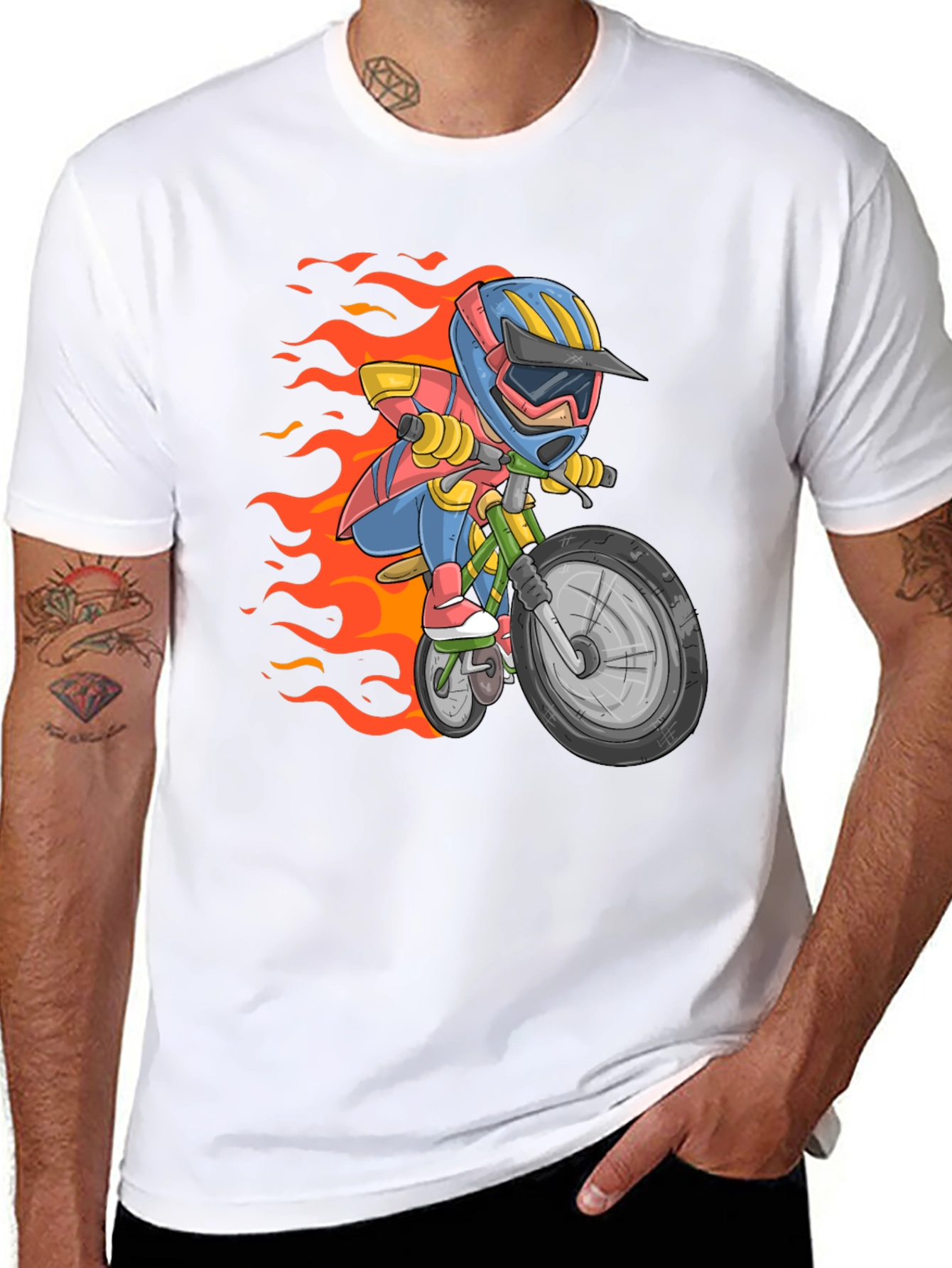 Cartoon Biker Graphic Tee - Black Cotton Casual T-Shirt