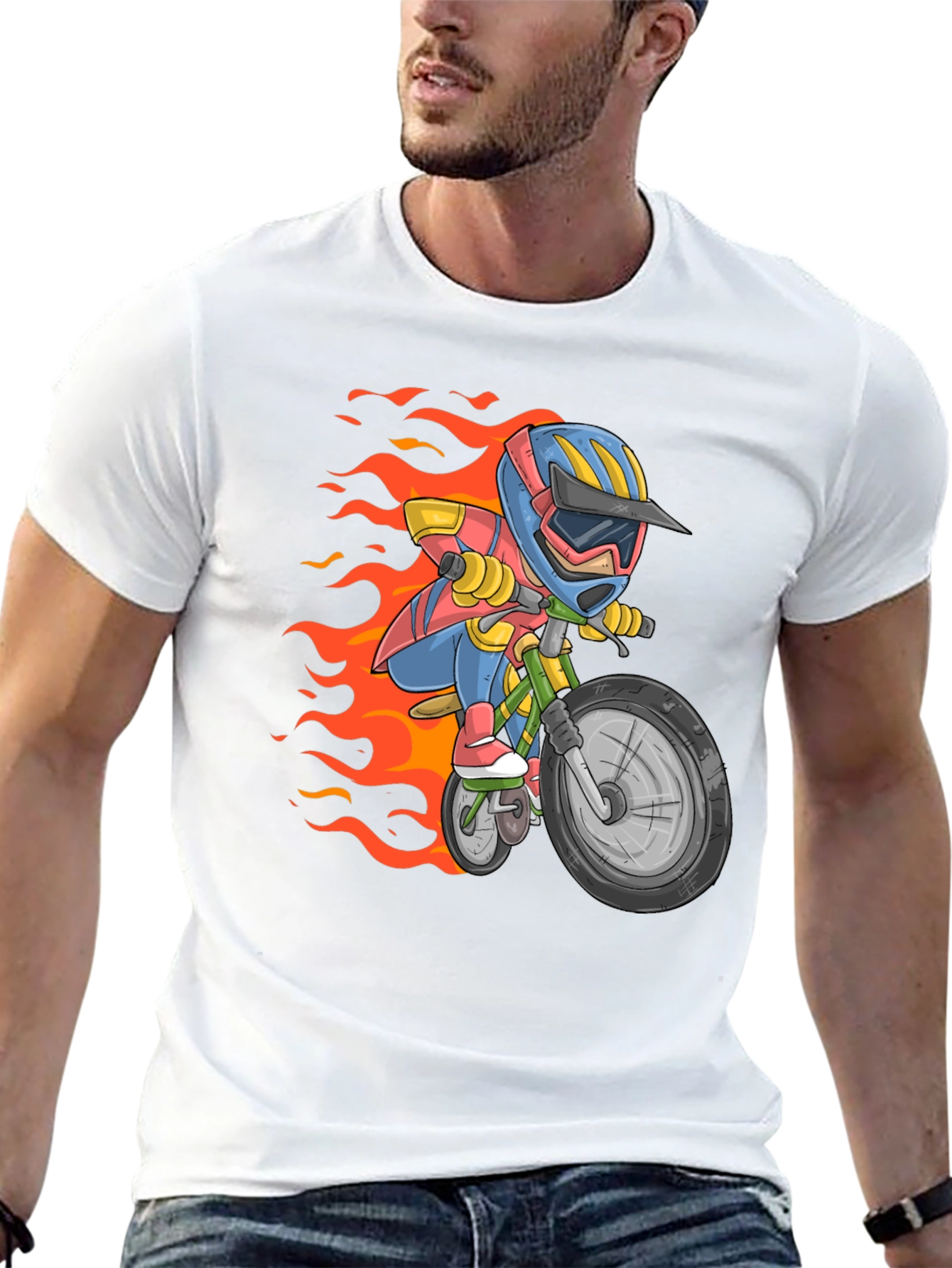 Cartoon Biker Graphic Tee - Black Cotton Casual T-Shirt