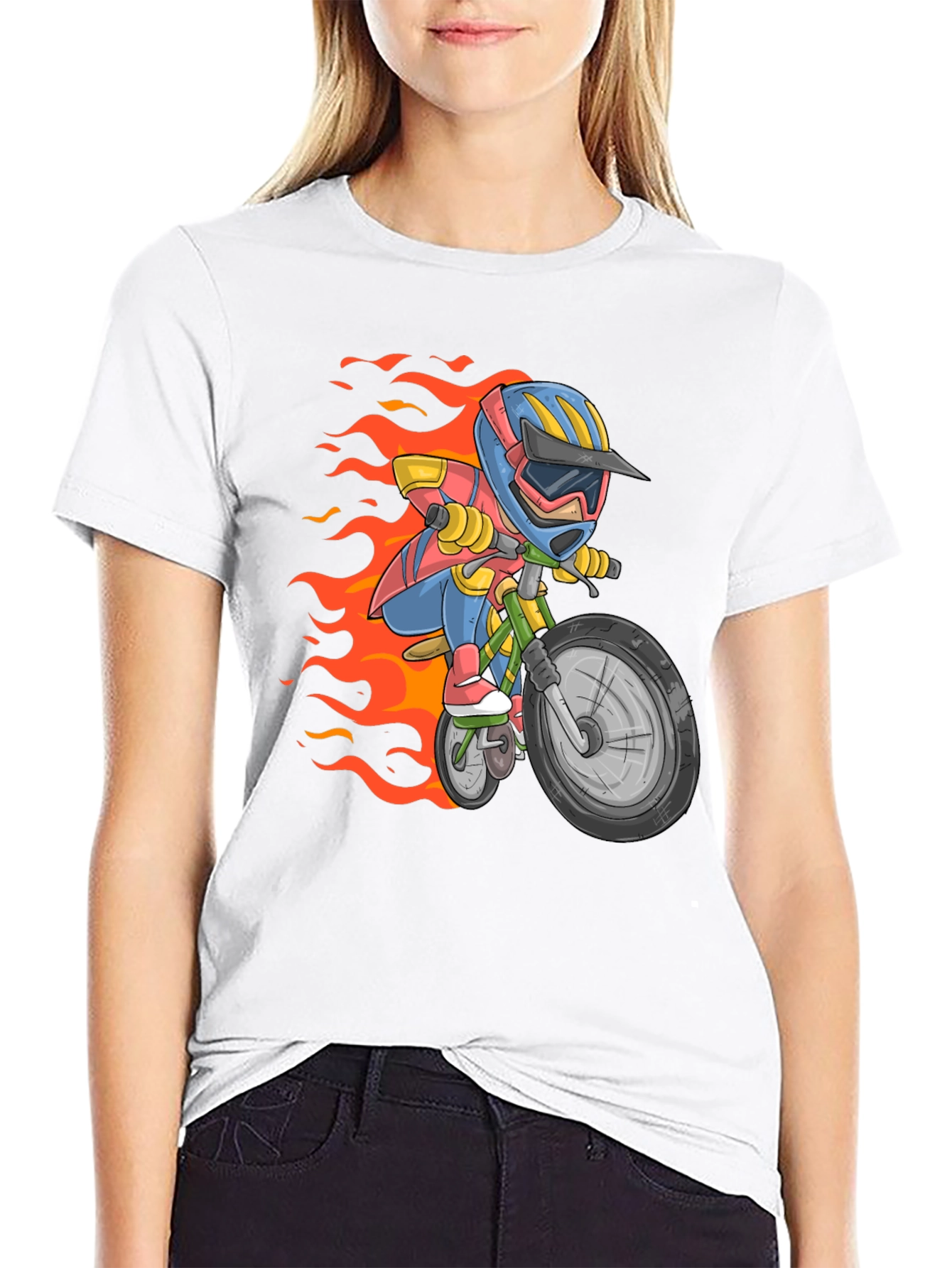 Cartoon Biker Graphic Tee - Black Cotton Casual T-Shirt
