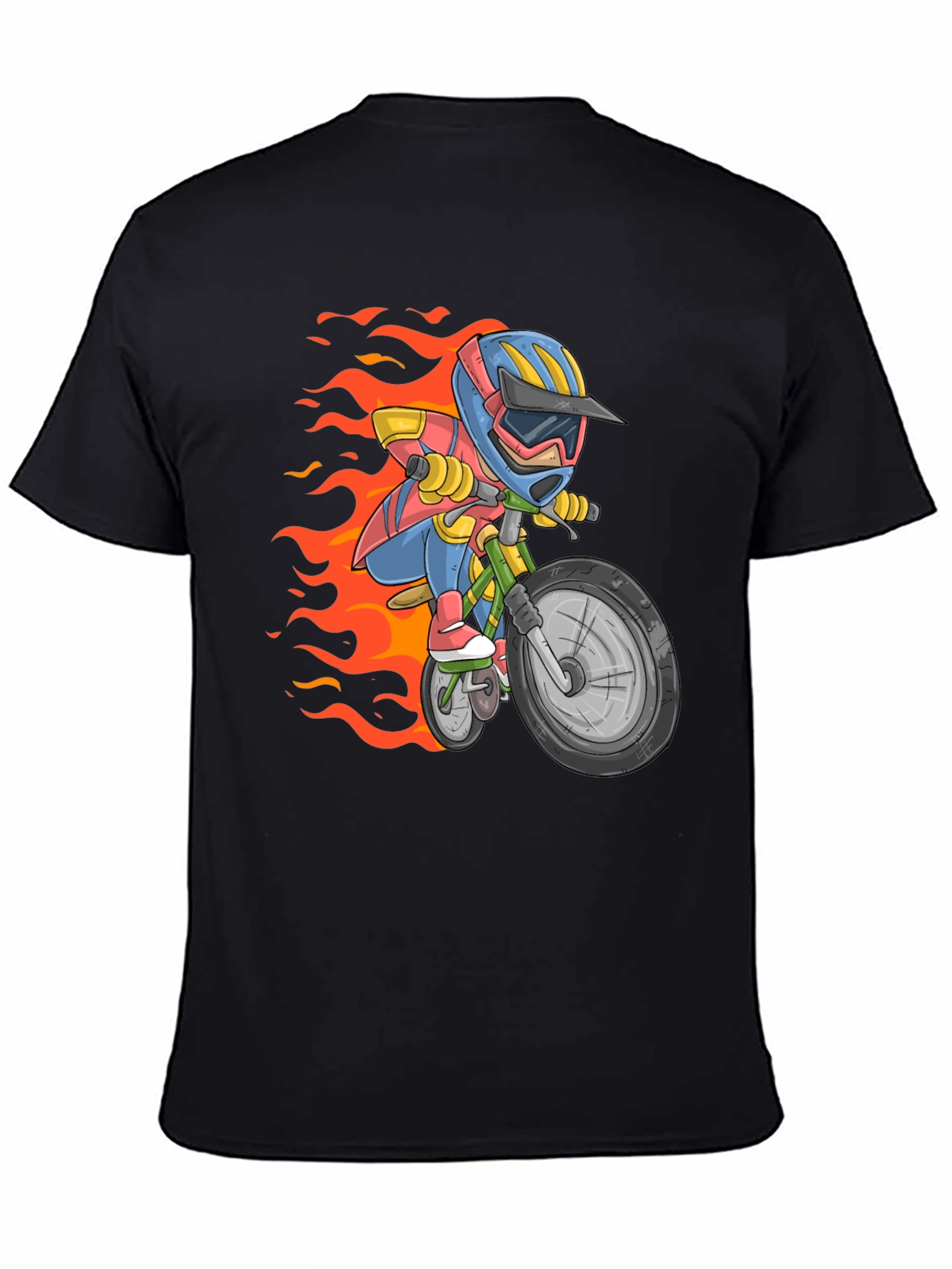 Cartoon Biker Graphic Tee - Black Cotton Casual T-Shirt