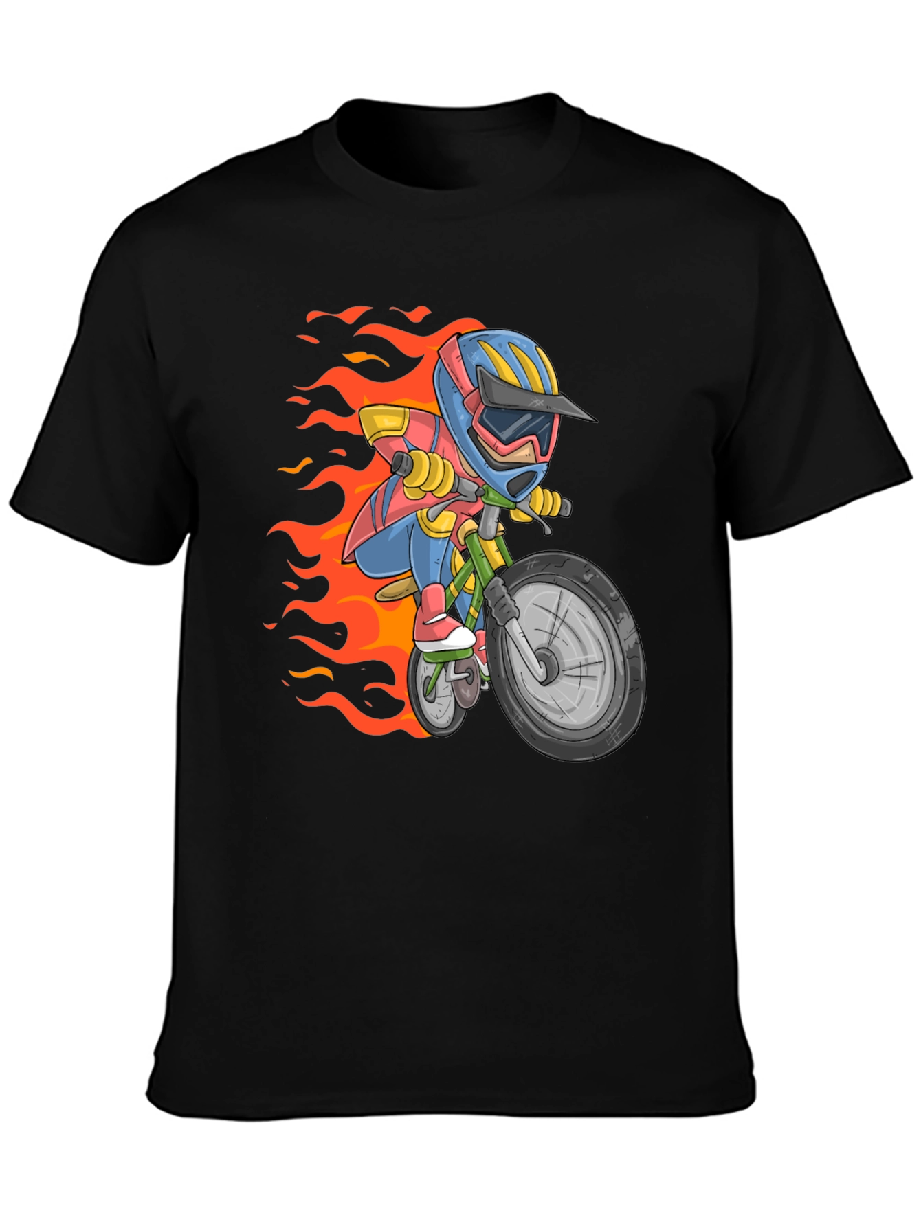 Cartoon Biker Graphic Tee - Black Cotton Casual T-Shirt