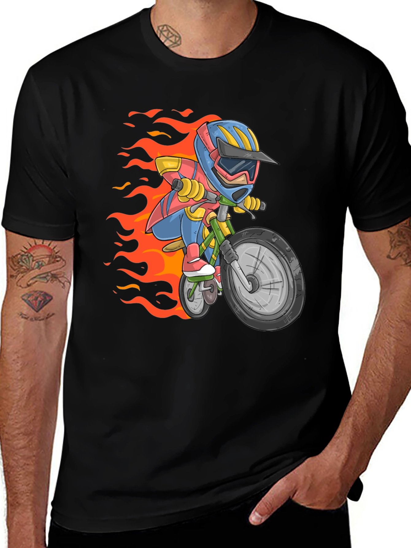 Cartoon Biker Graphic Tee - Black Cotton Casual T-Shirt