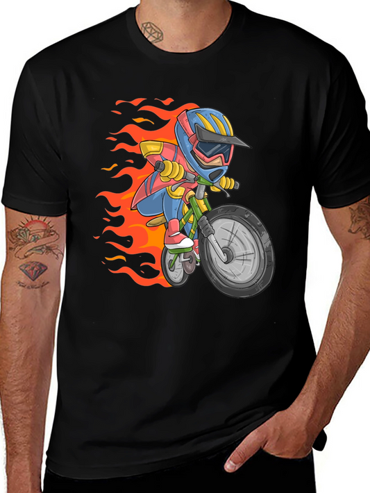 Cartoon Biker Graphic Tee - Black Cotton Casual T-Shirt