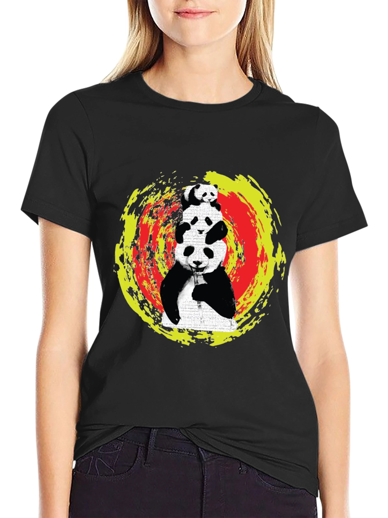 Stacked Panda Graphic Tee - Black Cotton Blend