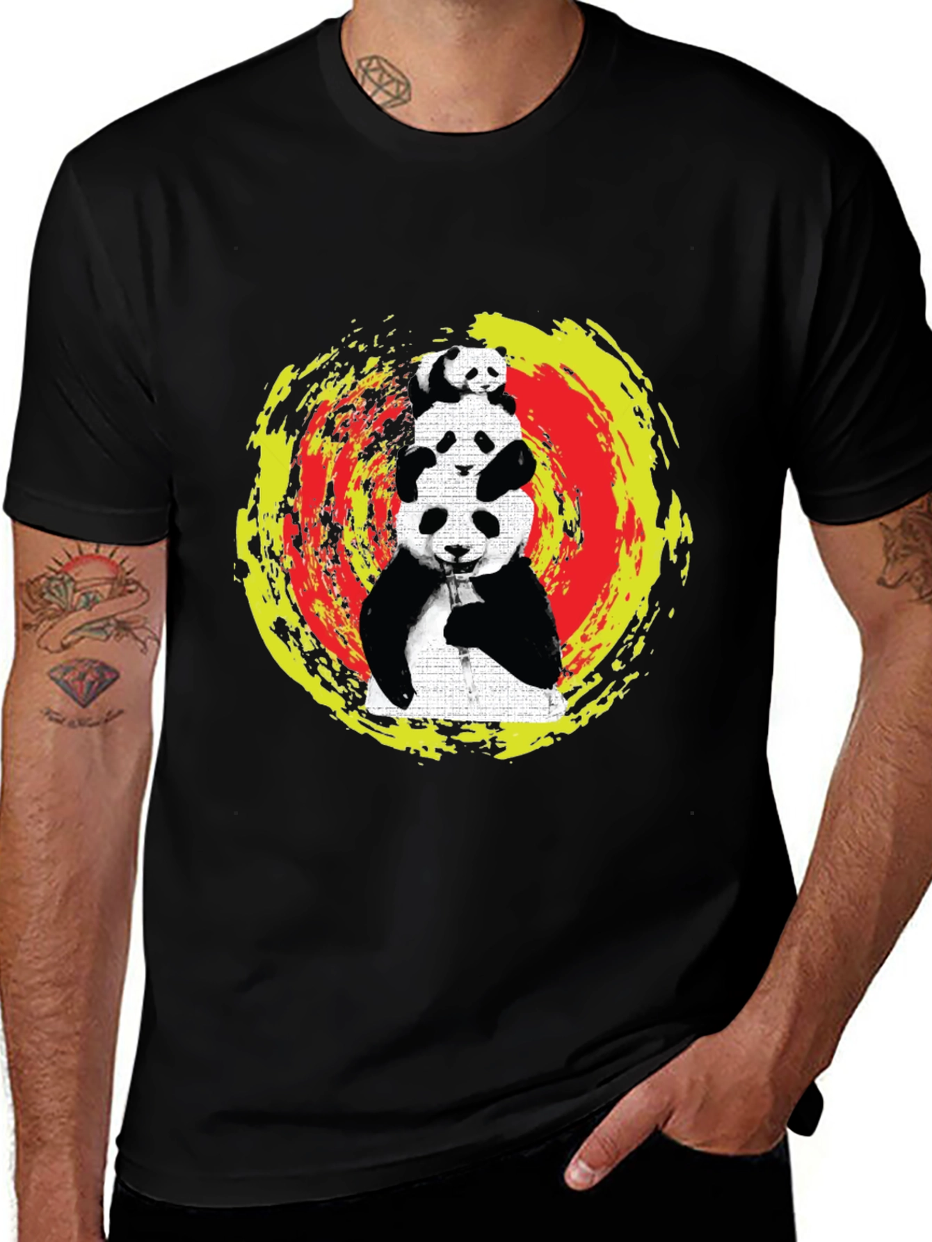 Stacked Panda Graphic Tee - Black Cotton Blend