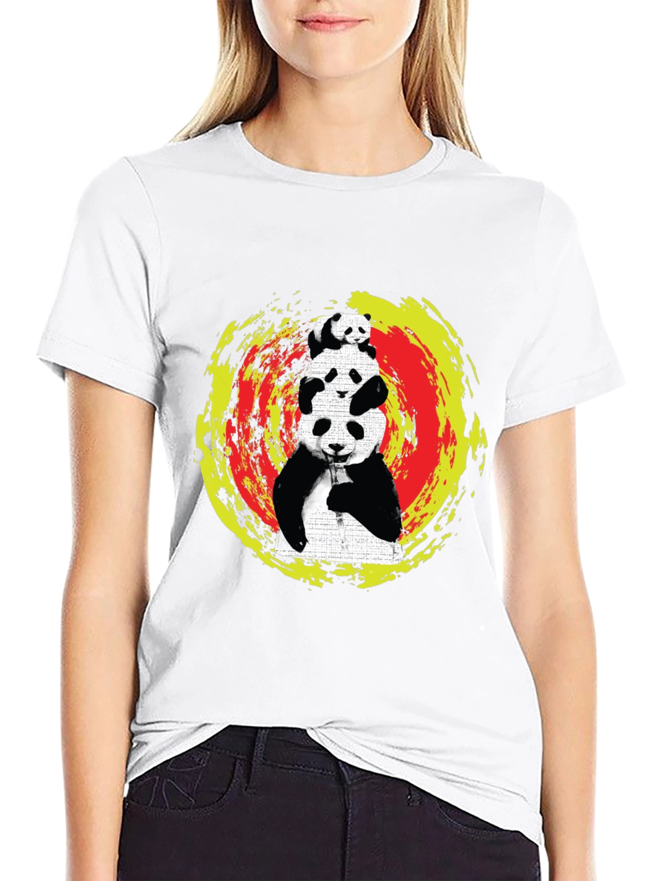 Stacked Panda Graphic Tee - Black Cotton Blend