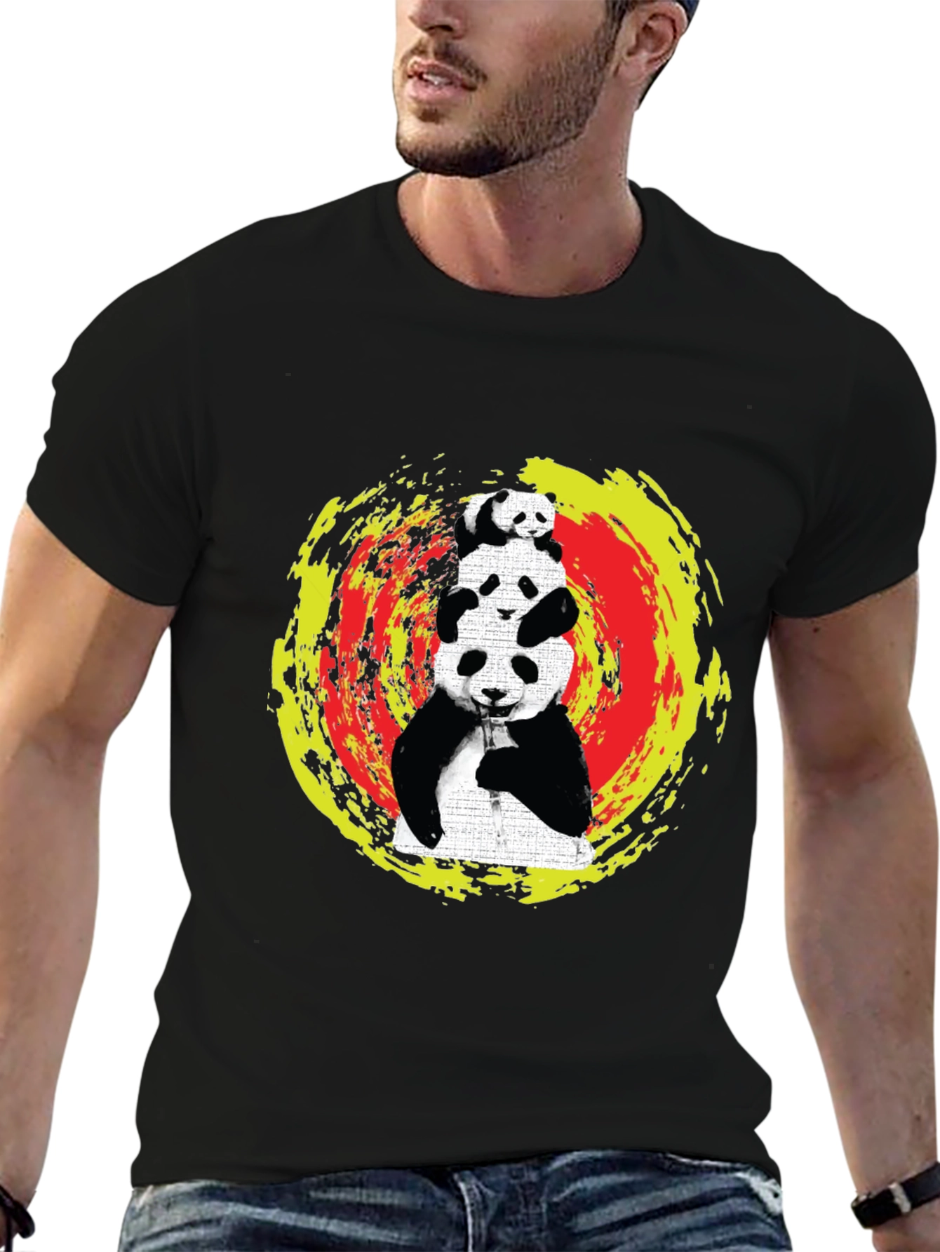Stacked Panda Graphic Tee - Black Cotton Blend
