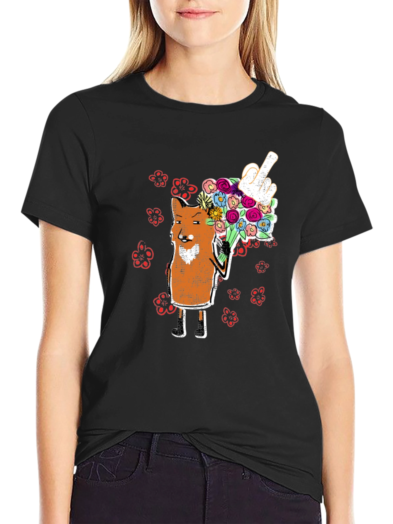 Fox with Flowers & Rude Gesture T-Shirt
