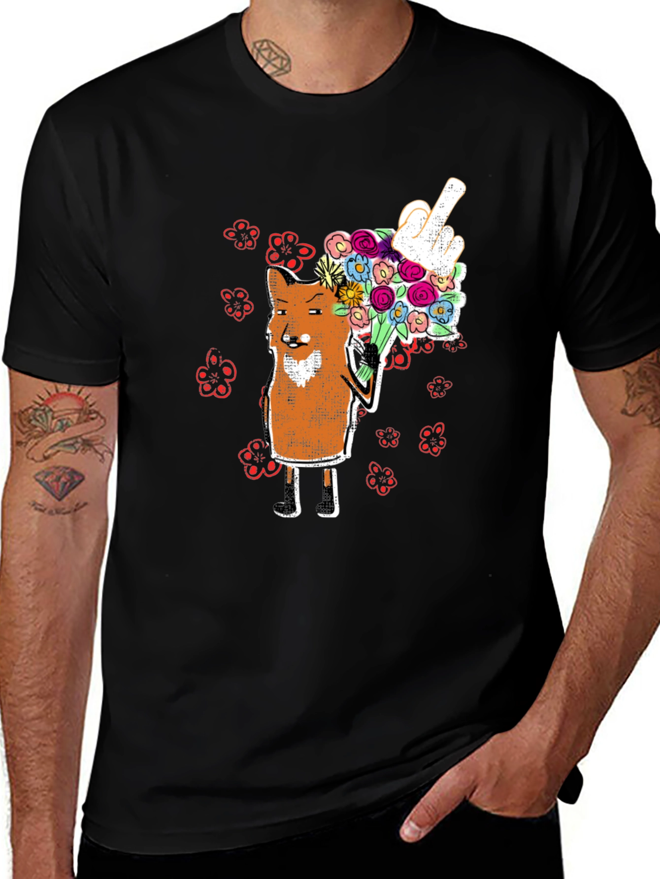 Fox with Flowers & Rude Gesture T-Shirt