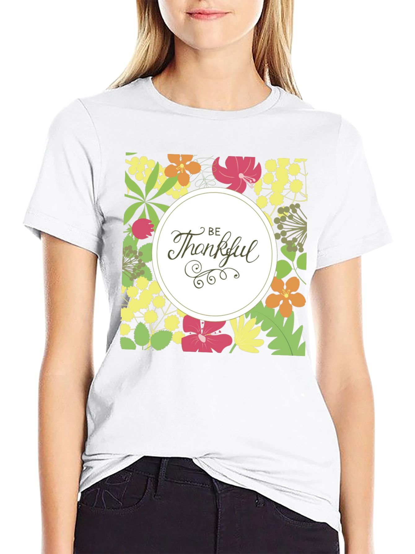 Floral Be Thankful Graphic Print T-Shirt